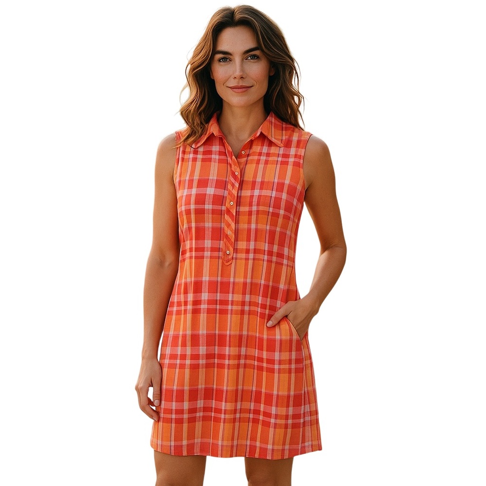 Talbots Dress Women’s 8 Pink Plaid Sleeveless Sheath Button Front Cottage Vacay